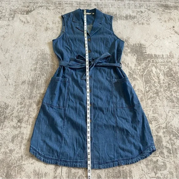 Soft Surroundings Blue Denim Sleeveless‎ Button Up Tie Waist MIDI Dress Medium - Picture 7 of 10